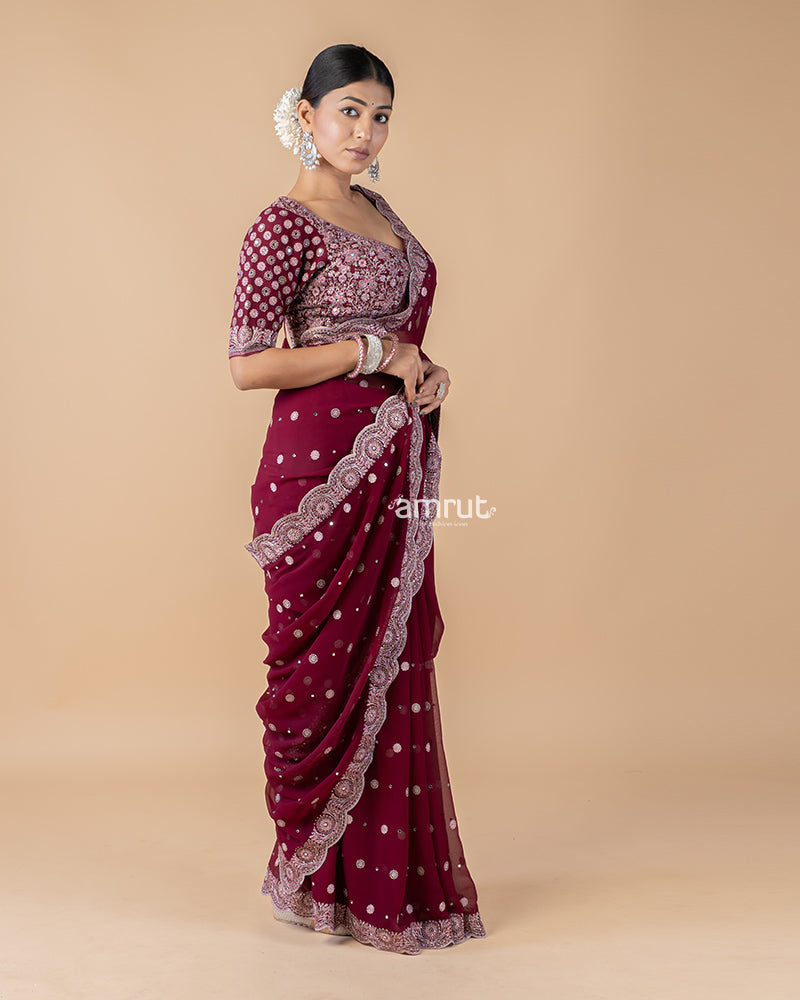 Maroon Hand Embroidered Georgette Saree With Stitched Blouse