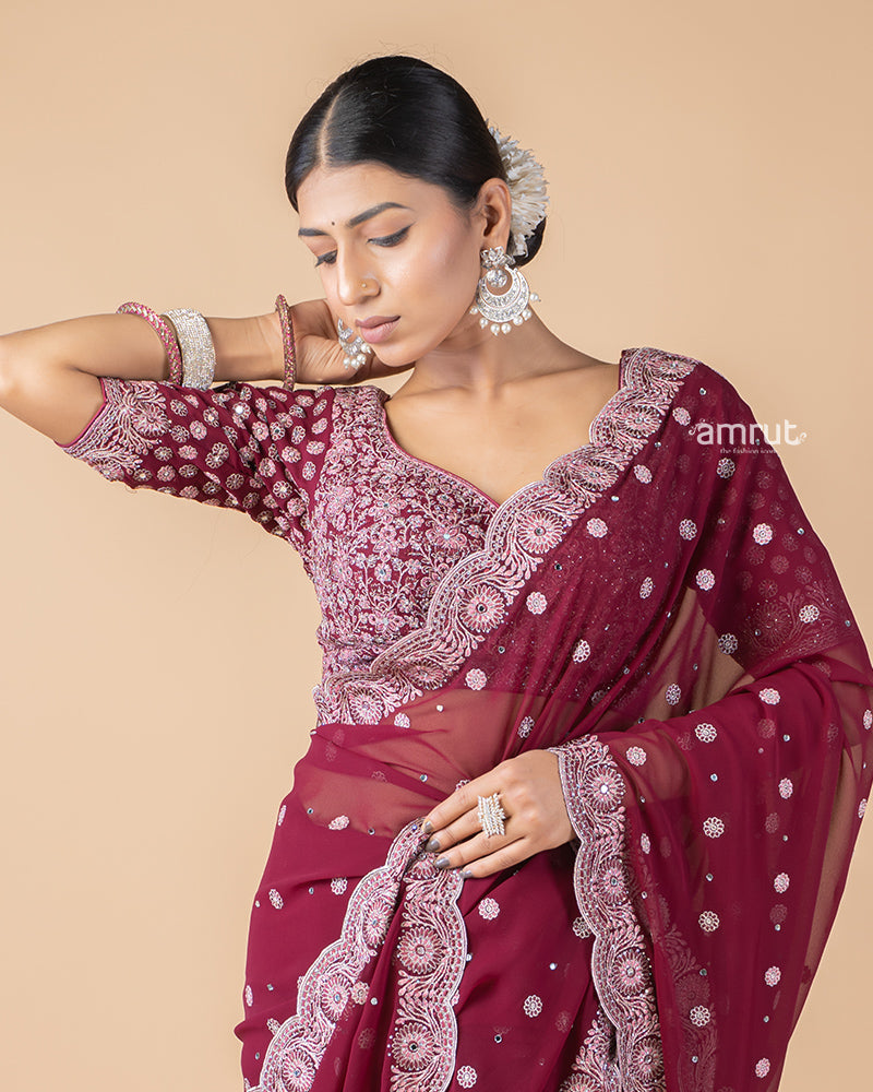 Maroon Hand Embroidered Georgette Saree With Stitched Blouse