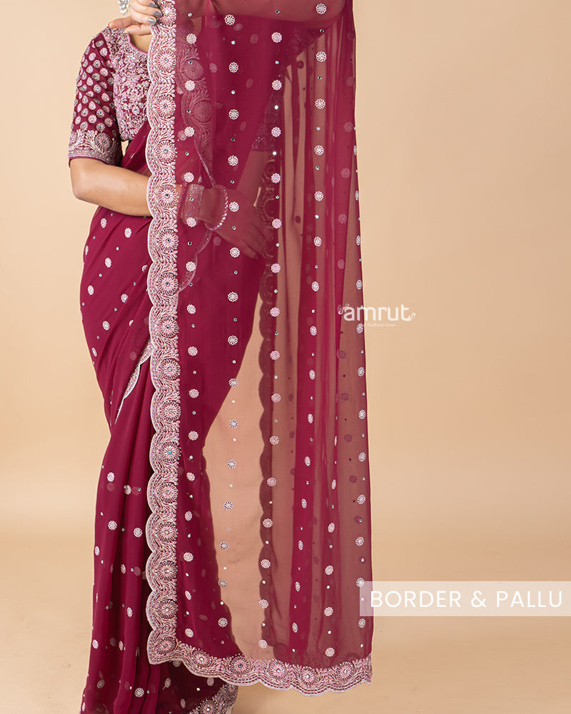 Maroon Hand Embroidered Georgette Saree With Stitched Blouse