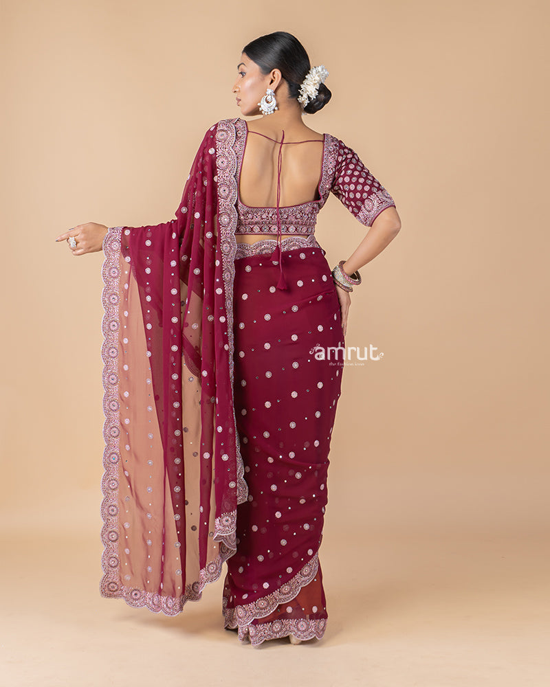 Maroon Hand Embroidered Georgette Saree With Stitched Blouse