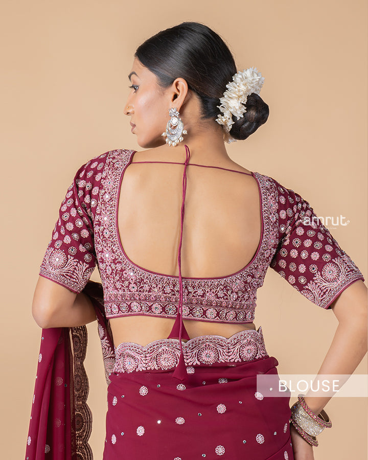 Maroon Hand Embroidered Georgette Saree With Stitched Blouse