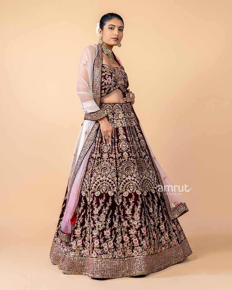 Maroon Hand Work Embroidered Bridal Lehenga Choli With Dupatta