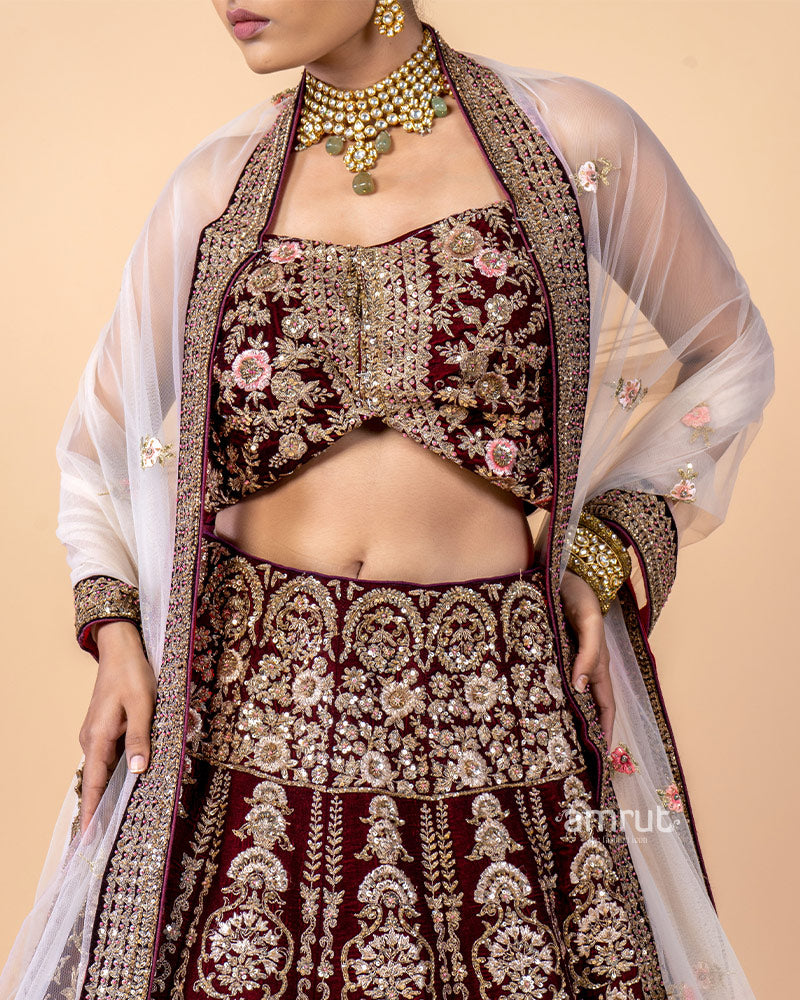 Maroon Hand Work Embroidered Bridal Lehenga Choli With Dupatta