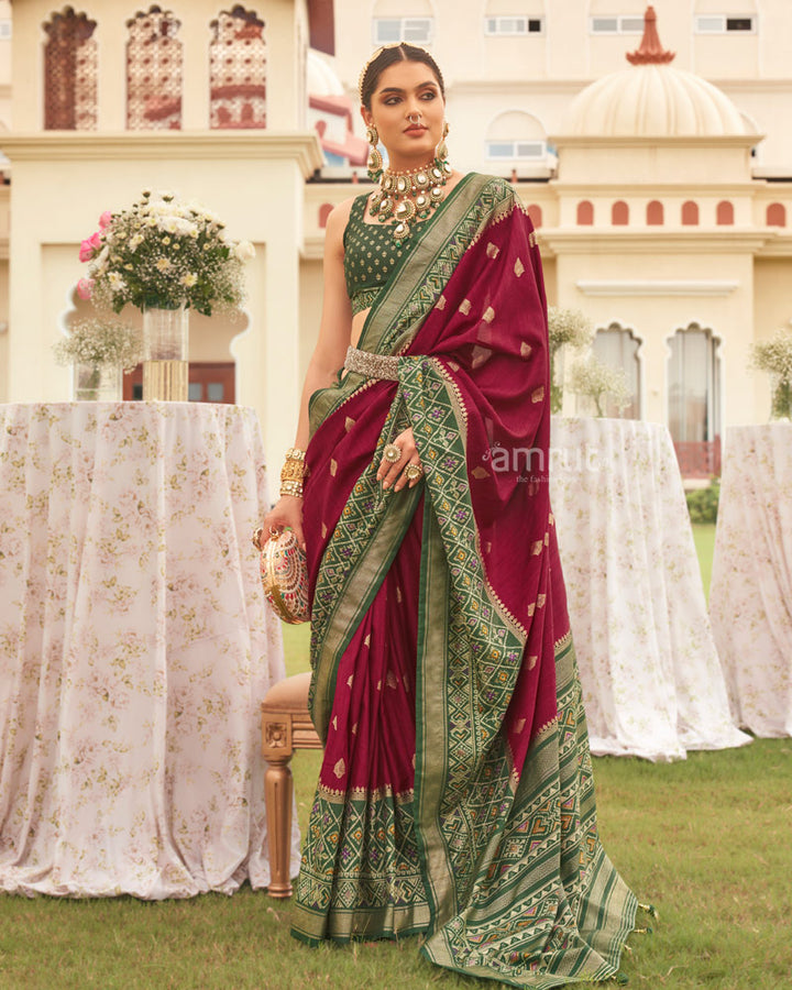 Maroon Ikat Weave Printed Silk Saree With Green Zari Woven Pallu
