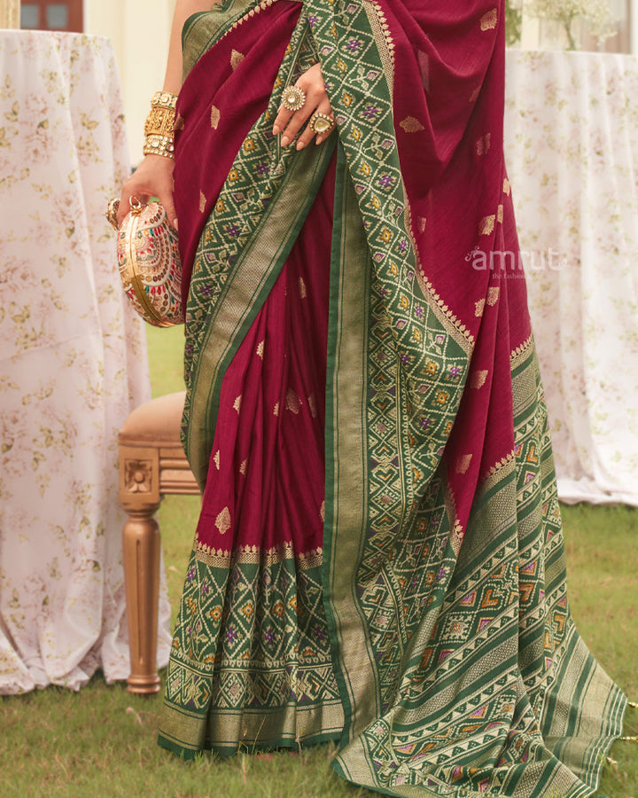Maroon Ikat Weave Printed Silk Saree With Green Zari Woven Pallu