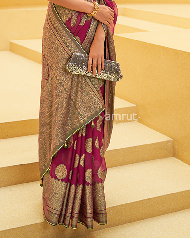 Maroon Printed Saree and Unstitched Blouse Piece