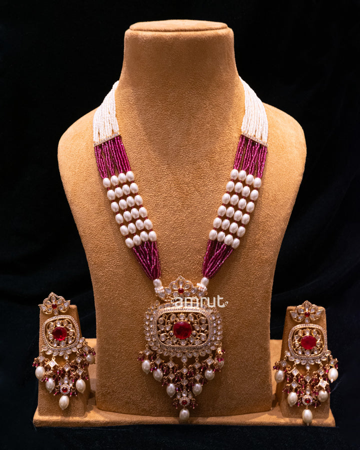 Maroon & White Stone-studded & Beaded Pearls Jewellery Set