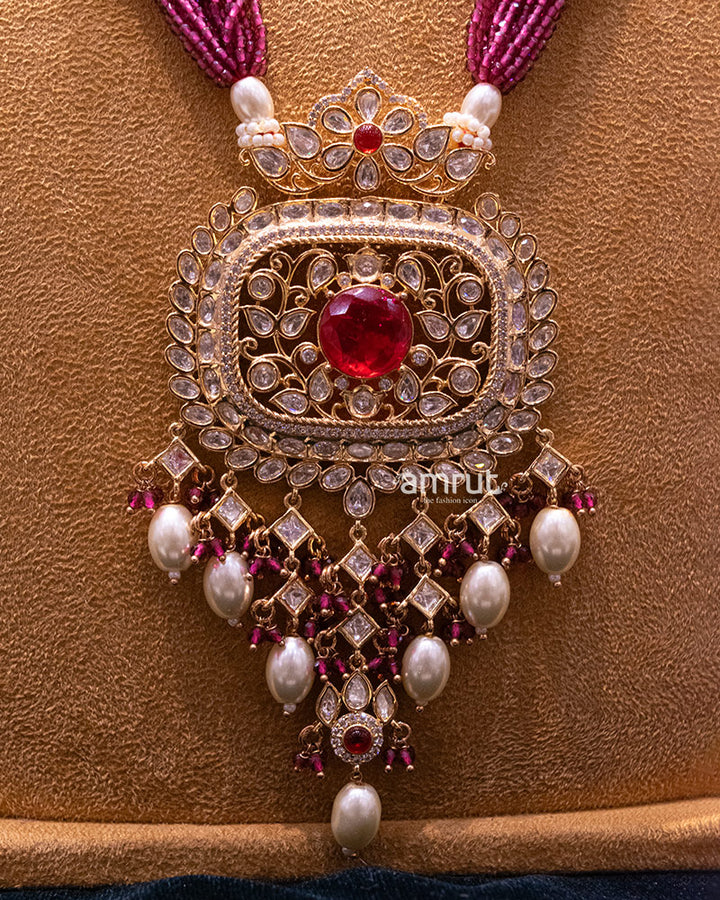 Maroon & White Stone-studded & Beaded Pearls Jewellery Set