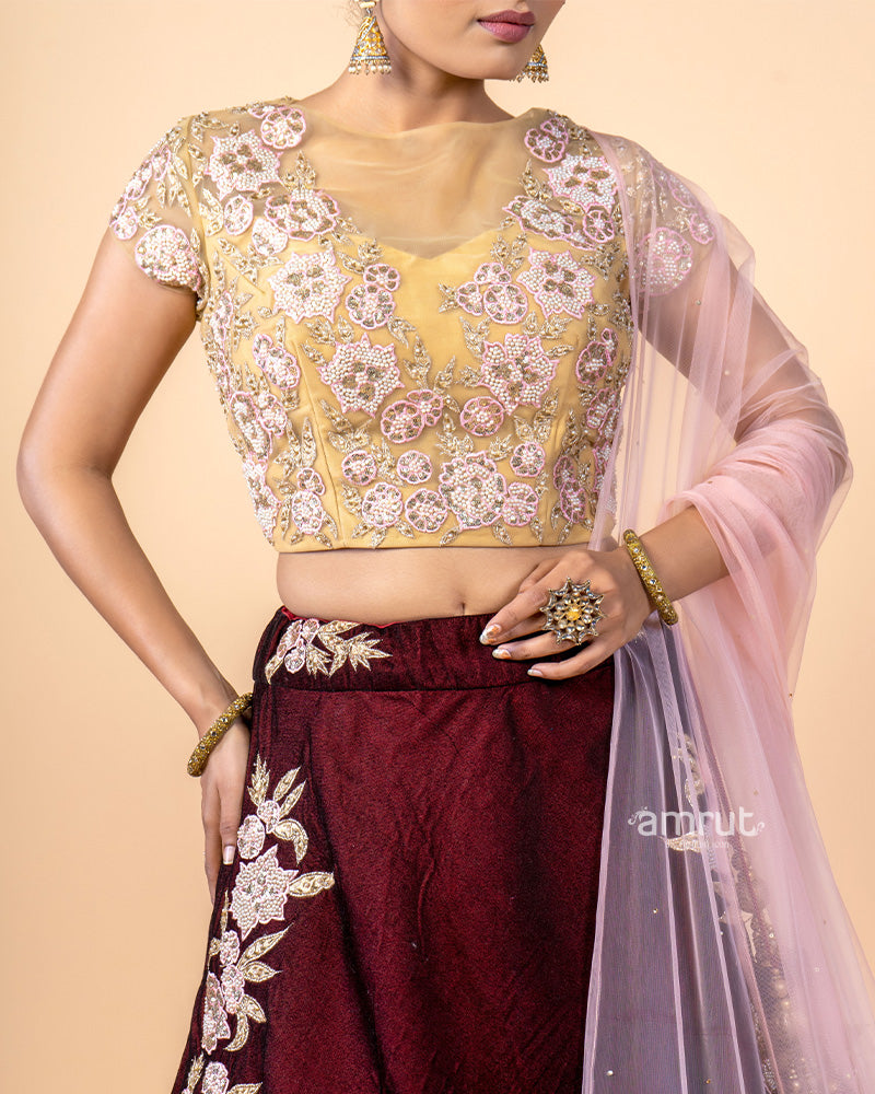 Maroon Work Detail Velvet Lehenga Choli With Dupatta