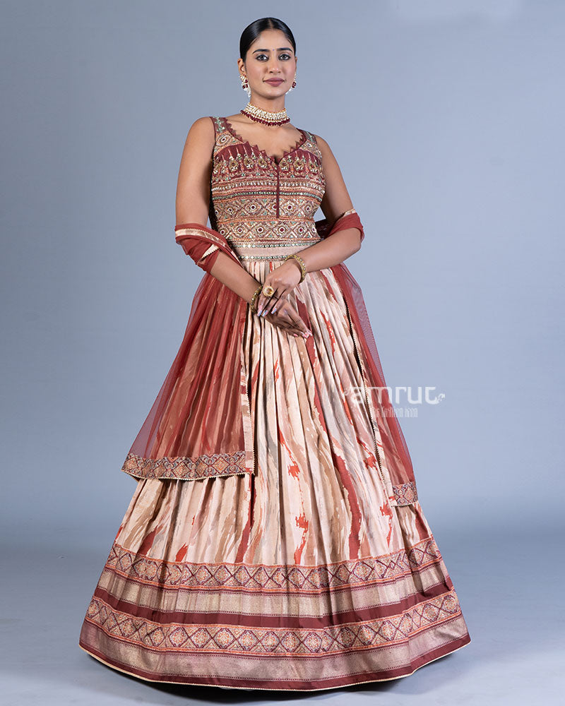 Maroon Embellished Bodice Gown with Beige Tiered Design and Maroon Dupatta  01