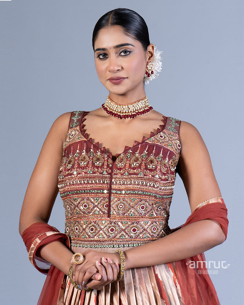 Maroon Embellished Bodice Gown with Beige Tiered Design and Maroon Dupatta  02
