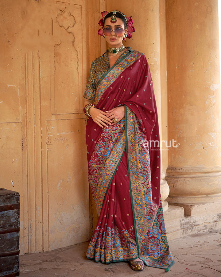 Maroon Floral Printed Border Saree with Unstitched Blouse 01