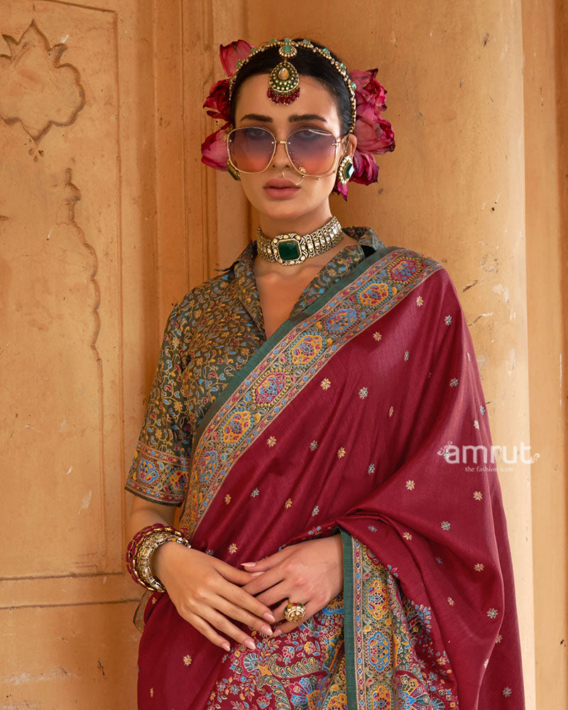 Maroon Floral Printed Border Saree with Unstitched Blouse 02