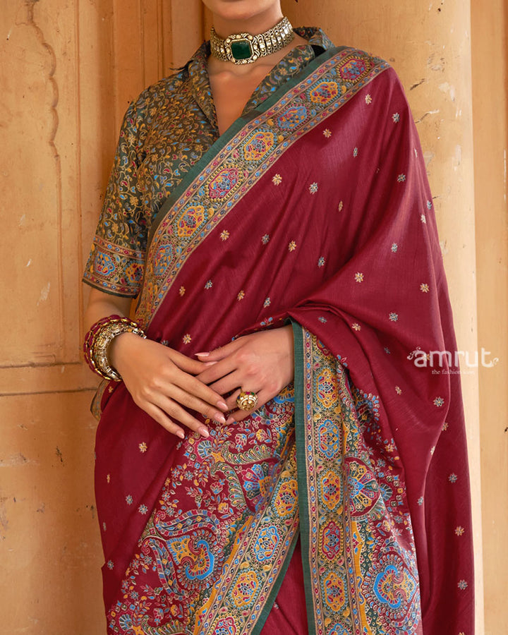 Maroon Floral Printed Border Saree with Unstitched Blouse 03