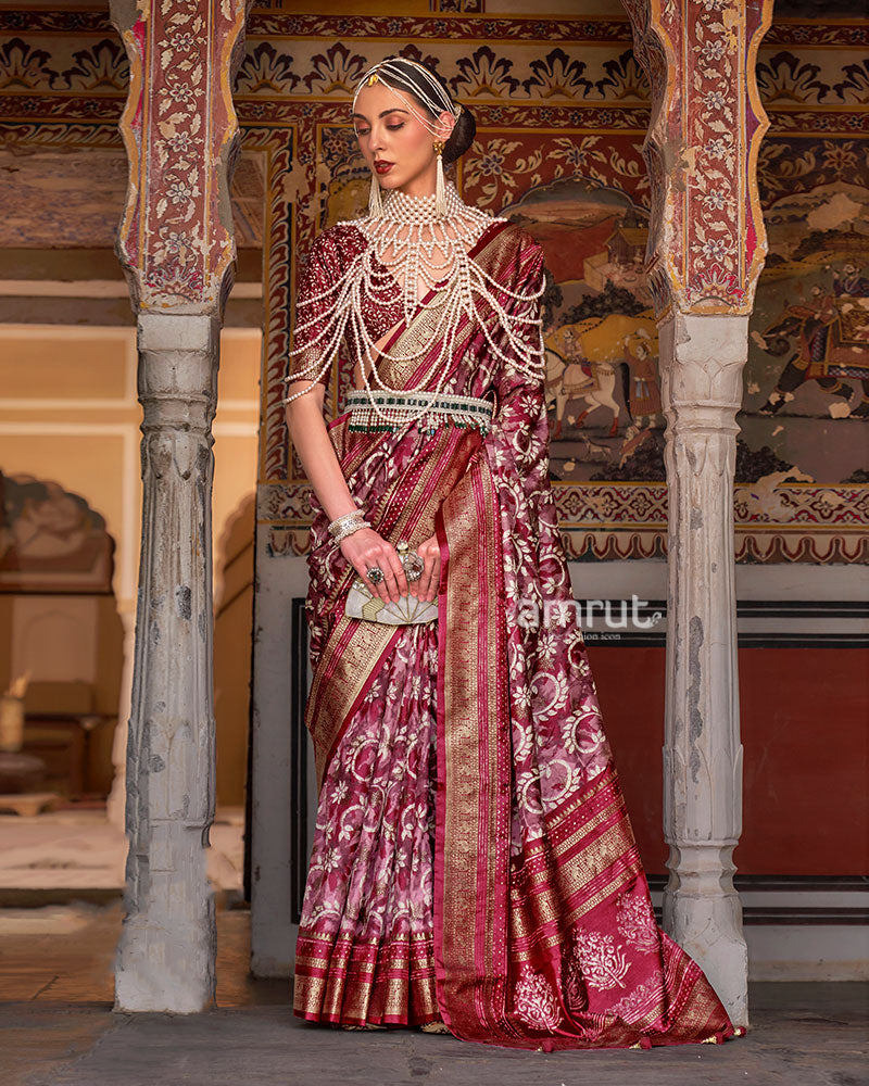 Maroon Floral Printed Patola Saree with Zari Woven Border and Unstitched Blouse 01