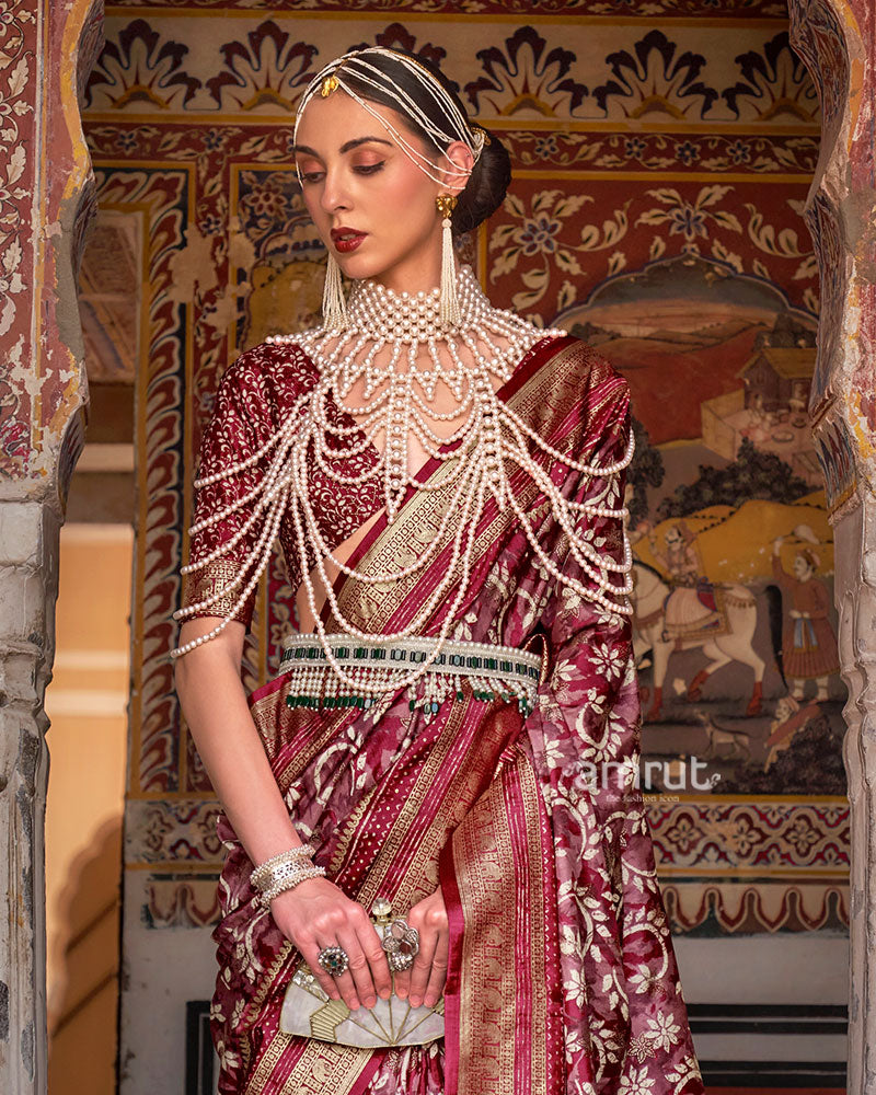 Maroon Floral Printed Patola Saree with Zari Woven Border and Unstitched Blouse 02