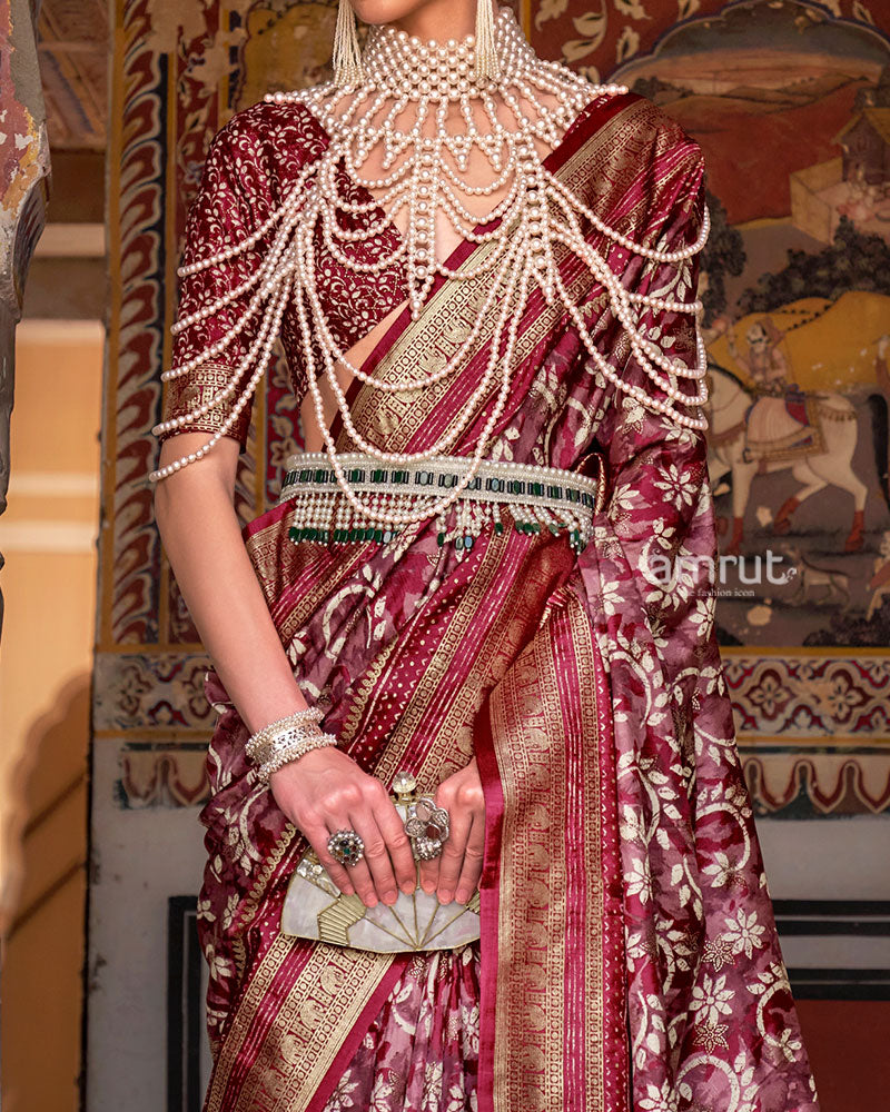 Maroon Floral Printed Patola Saree with Zari Woven Border and Unstitched Blouse 03