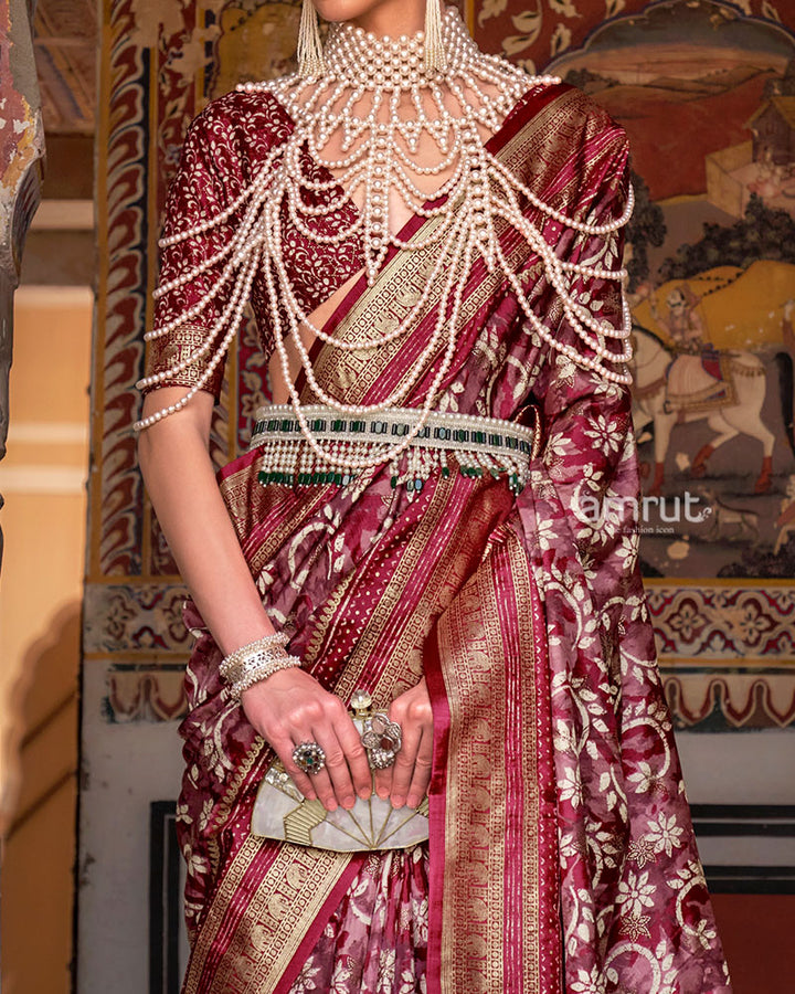 Maroon Floral Printed Patola Saree with Zari Woven Border and Unstitched Blouse 03
