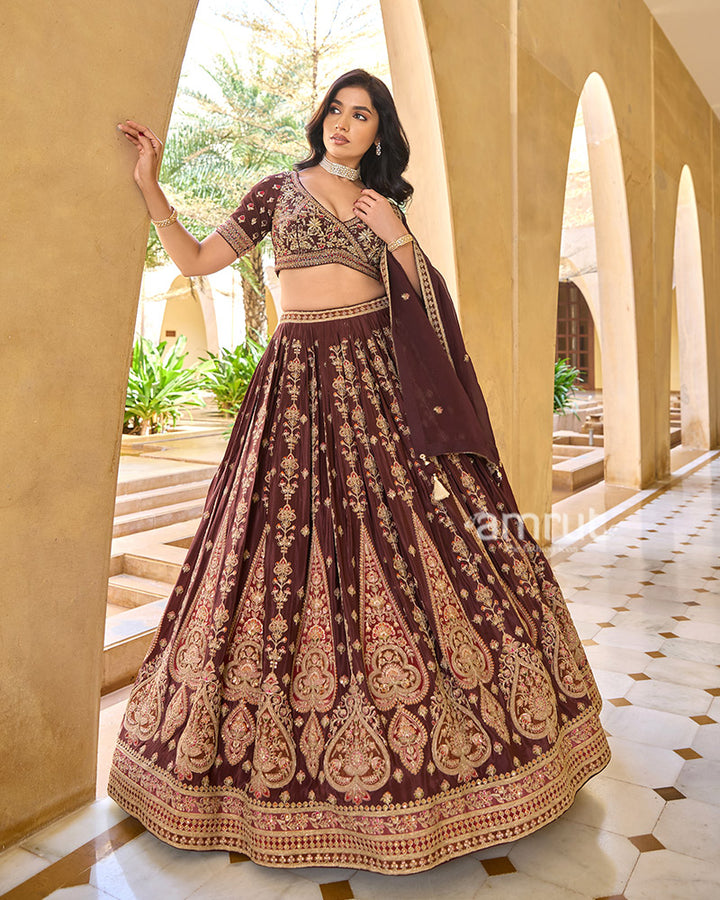 Maroon Golden Detailing Embroidered Lehenga Choli with Matching Dupatta 03