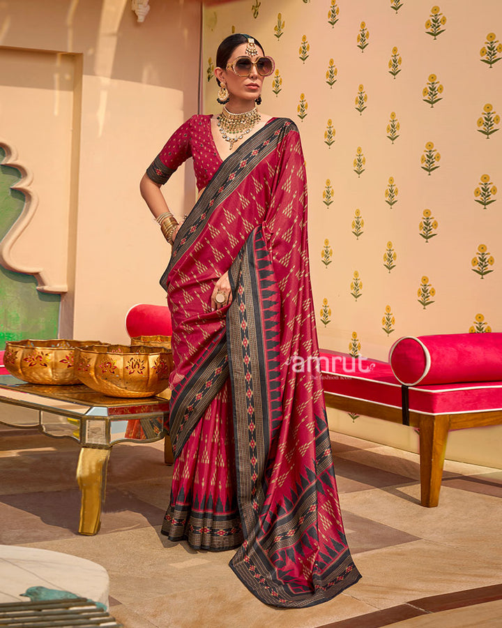 Maroon Ikat Printed  Saree with Contrast Black Border and Unstitched Blouse 01