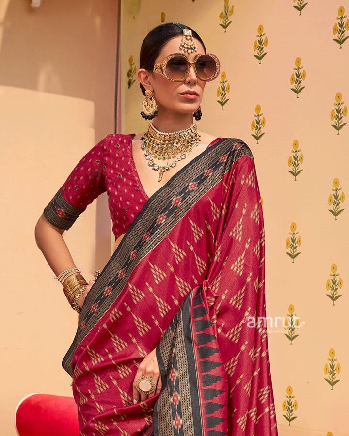 Maroon Ikat Printed  Saree with Contrast Black Border and Unstitched Blouse 02