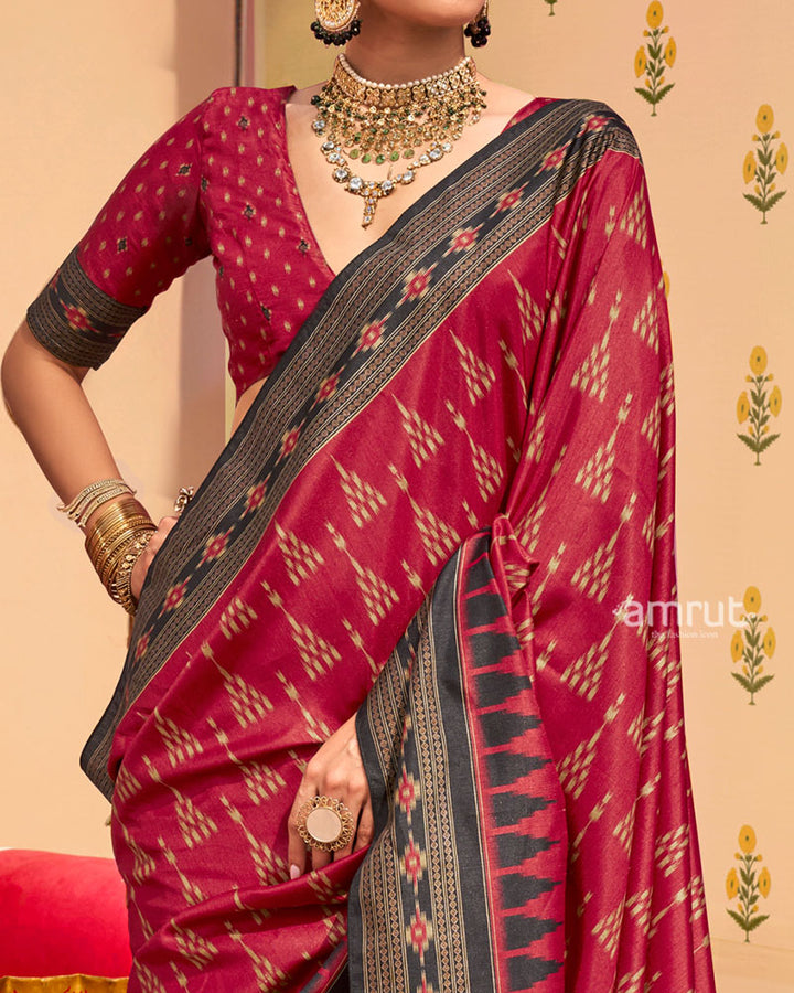 Maroon Ikat Printed  Saree with Contrast Black Border and Unstitched Blouse 03
