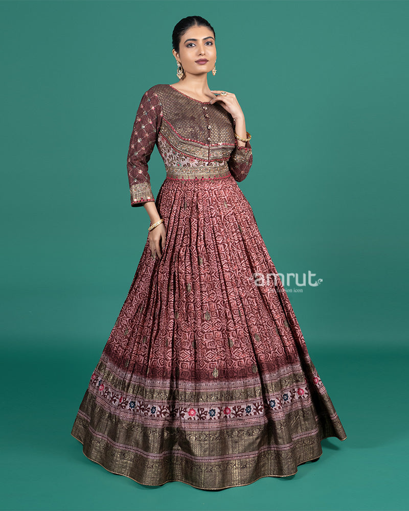 Maroon Pleated Gown with Floral Hem Border 01
