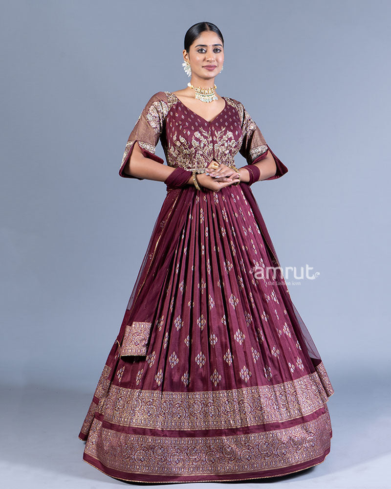 Maroon Pleated Gown with Golden Embroidery and Dupatta 01