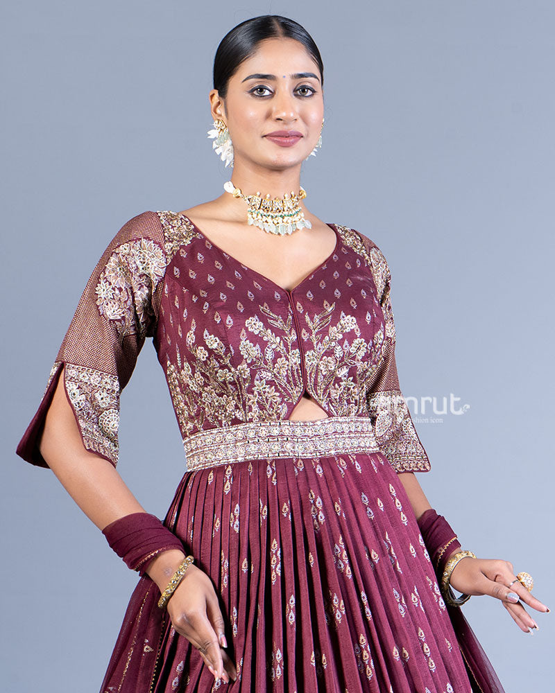 Maroon Pleated Gown with Golden Embroidery and Dupatta 02