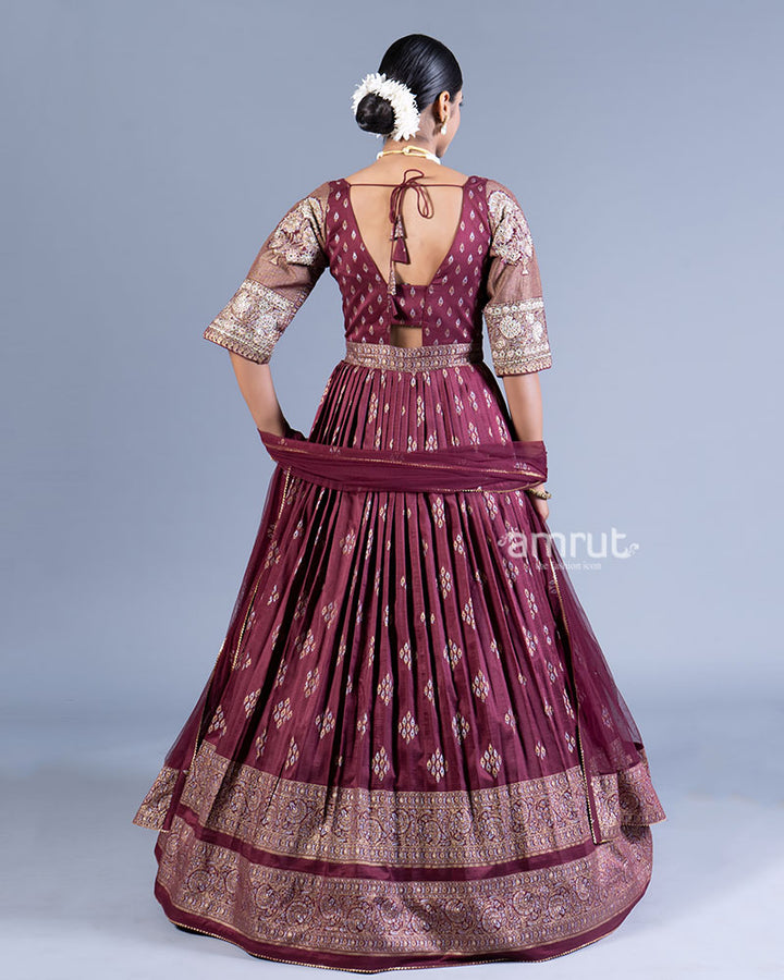 Maroon Pleated Gown with Golden Embroidery and Dupatta 03