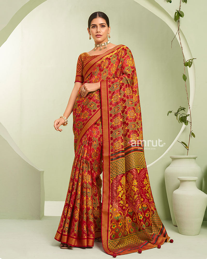 Maroon Red Floral Pattern Georgette Saree with Unstitched Blouse 01