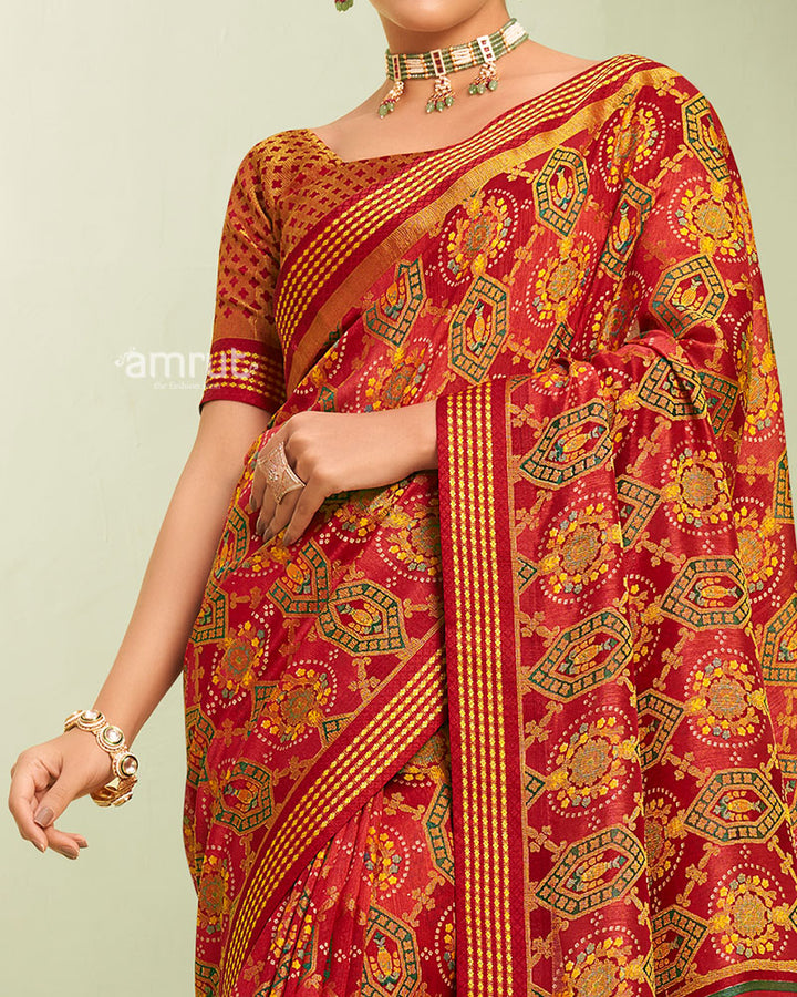 Maroon Red Floral Pattern Georgette Saree with Unstitched Blouse 03
