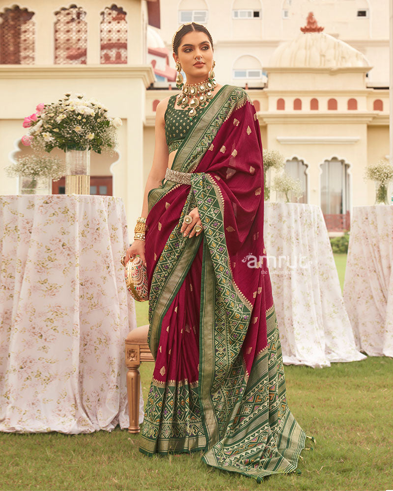 Maroon and Green Border Silk Saree with Unstitched Blouse and Belt 01