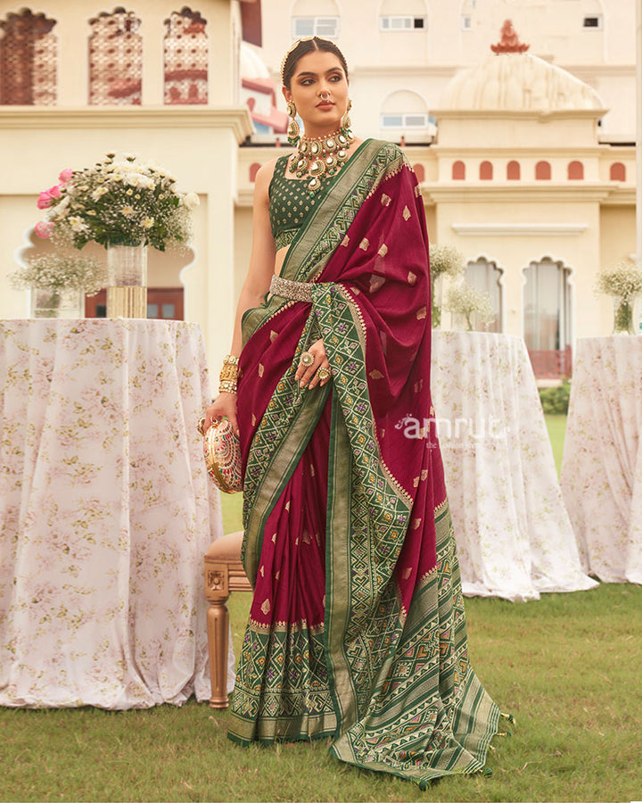 Maroon and Green Border Silk Saree with Unstitched Blouse and Belt 01