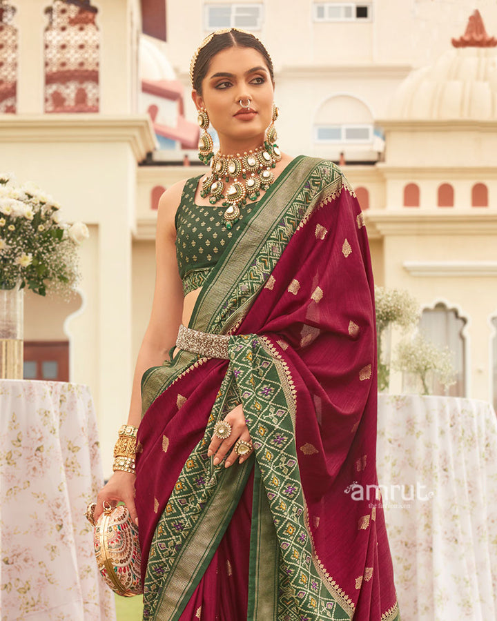 Maroon and Green Border Silk Saree with Unstitched Blouse and Belt 02