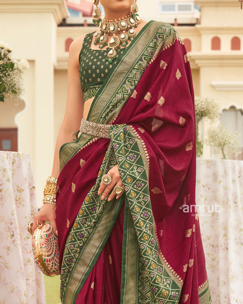 Maroon and Green Border Silk Saree with Unstitched Blouse and Belt 03