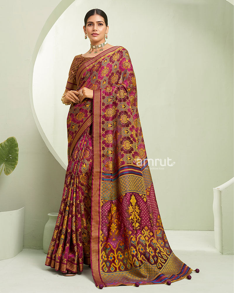 Maroon and Pink Floral Pattern Georgette Saree with Unstitched Blouse 01