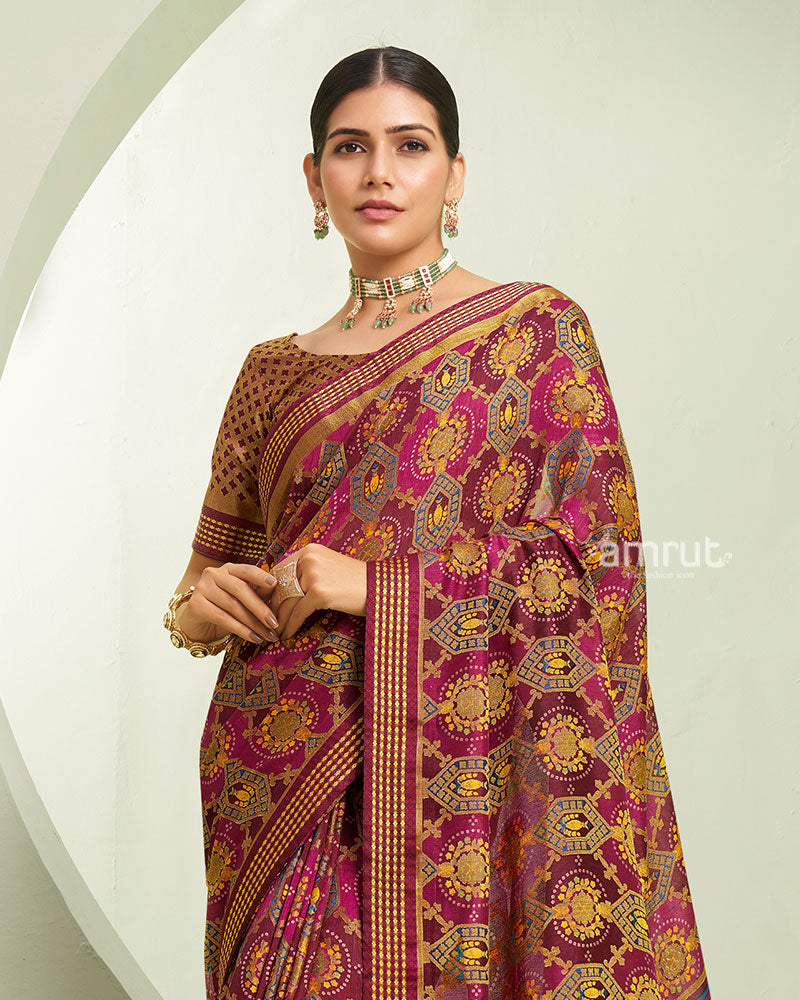 Maroon and Pink Floral Pattern Georgette Saree with Unstitched Blouse 02