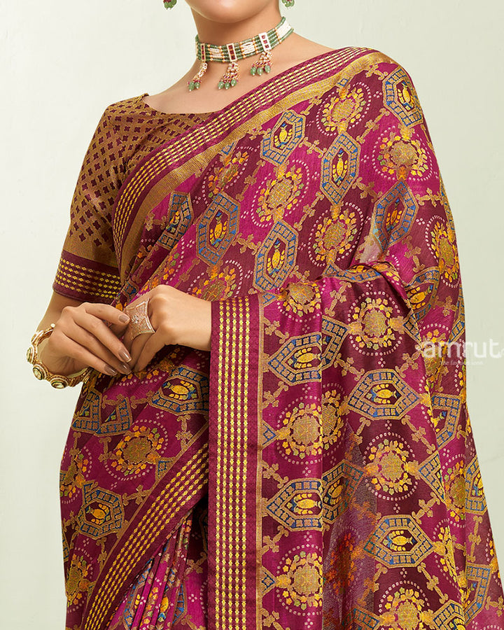 Maroon and Pink Floral Pattern Georgette Saree with Unstitched Blouse 03