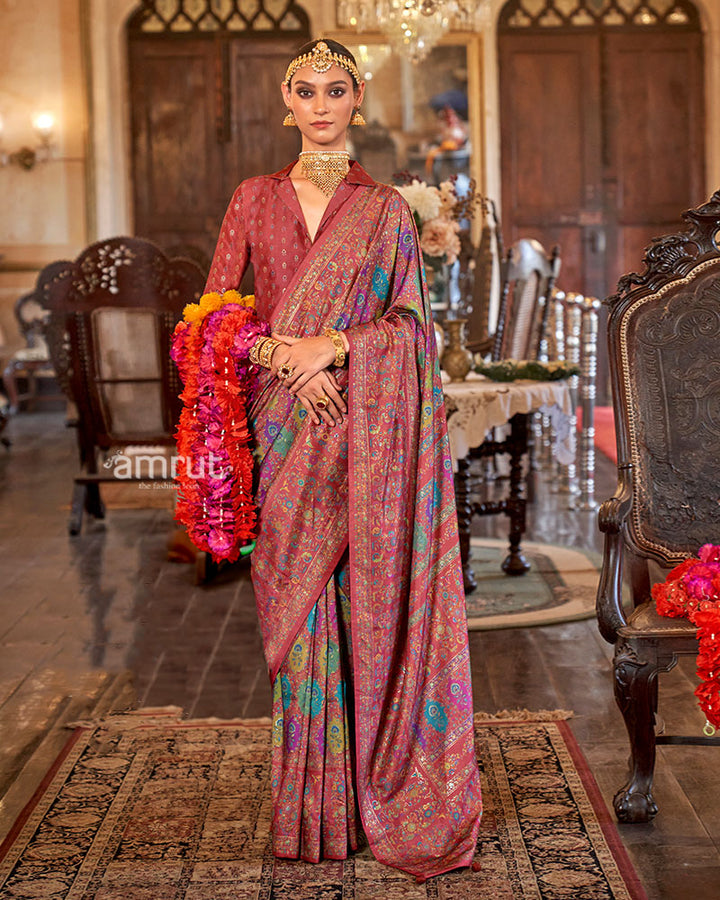 Maroon with Multicolored Printed Saree and Unstitched Blouse 01