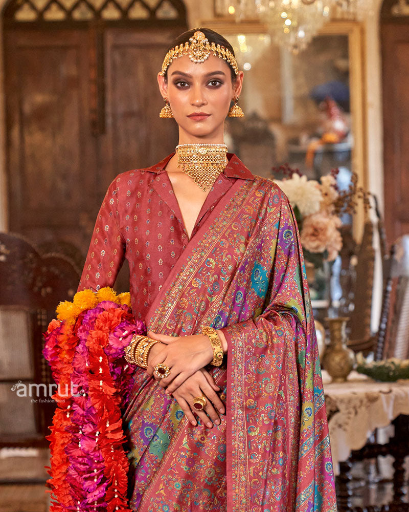 Maroon with Multicolored Printed Saree and Unstitched Blouse 02