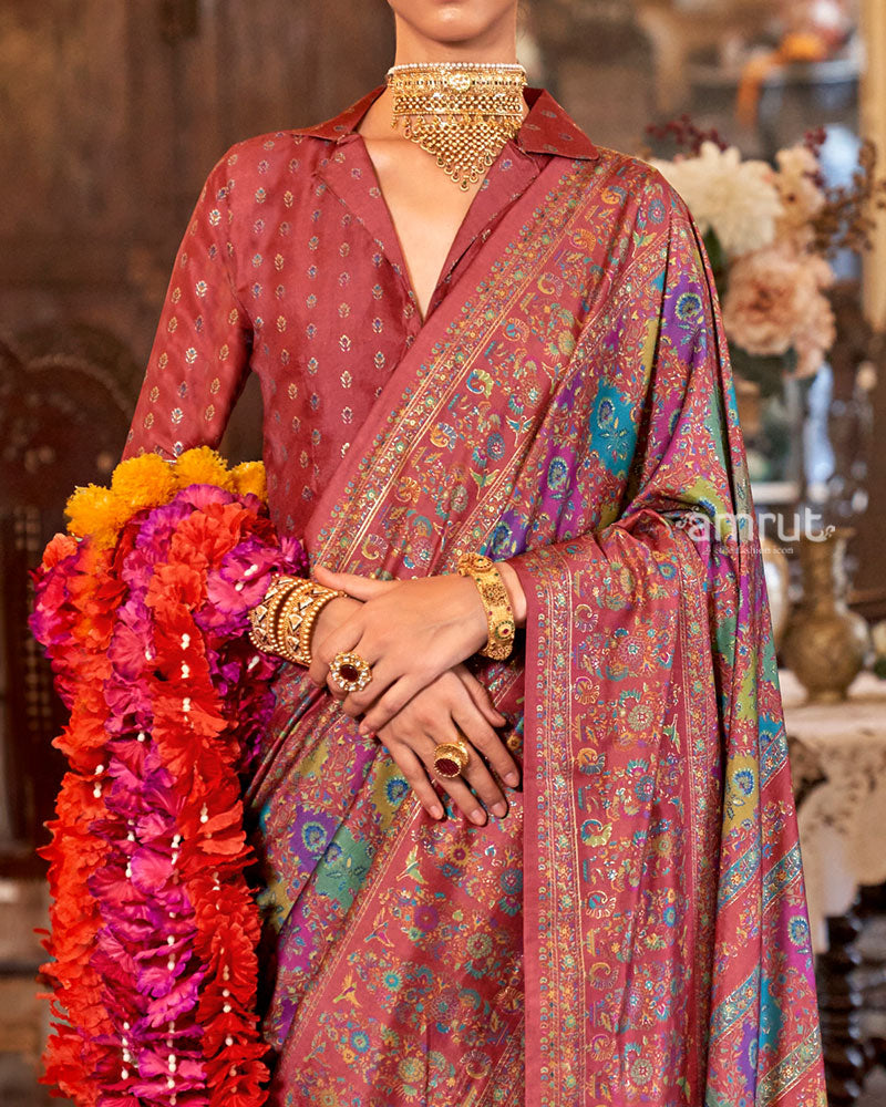 Maroon with Multicolored Printed Saree and Unstitched Blouse 03