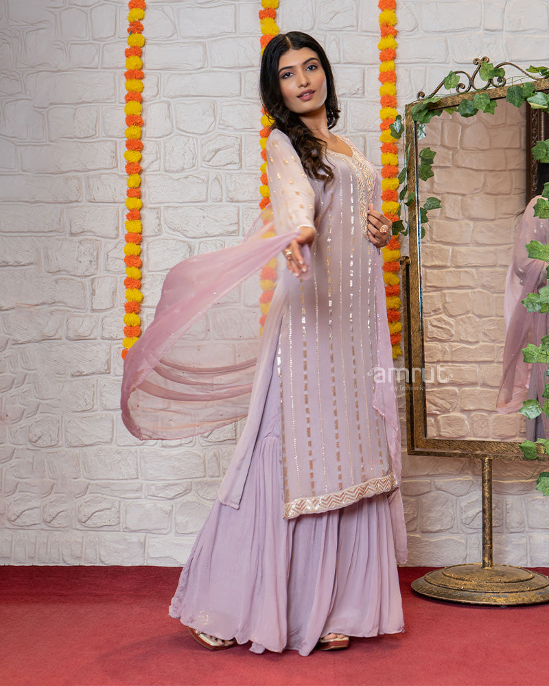 Mauve Flared Palazzo Suit with Chiffon Dupatta