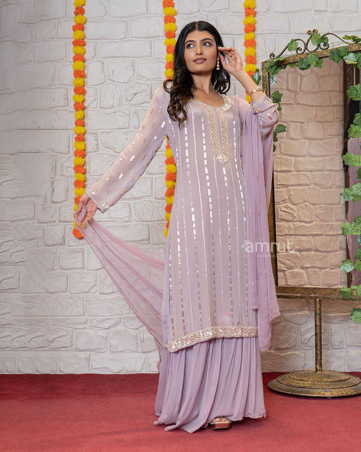 Mauve Flared Palazzo Suit with Chiffon Dupatta