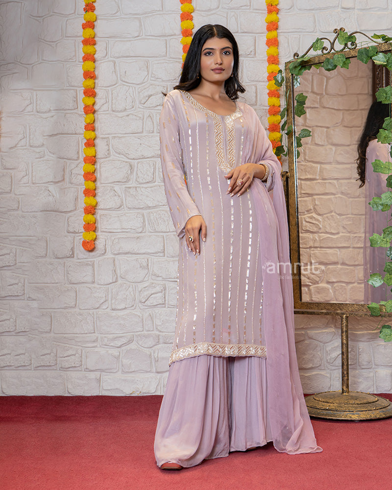 Mauve Flared Palazzo Suit with Chiffon Dupatta