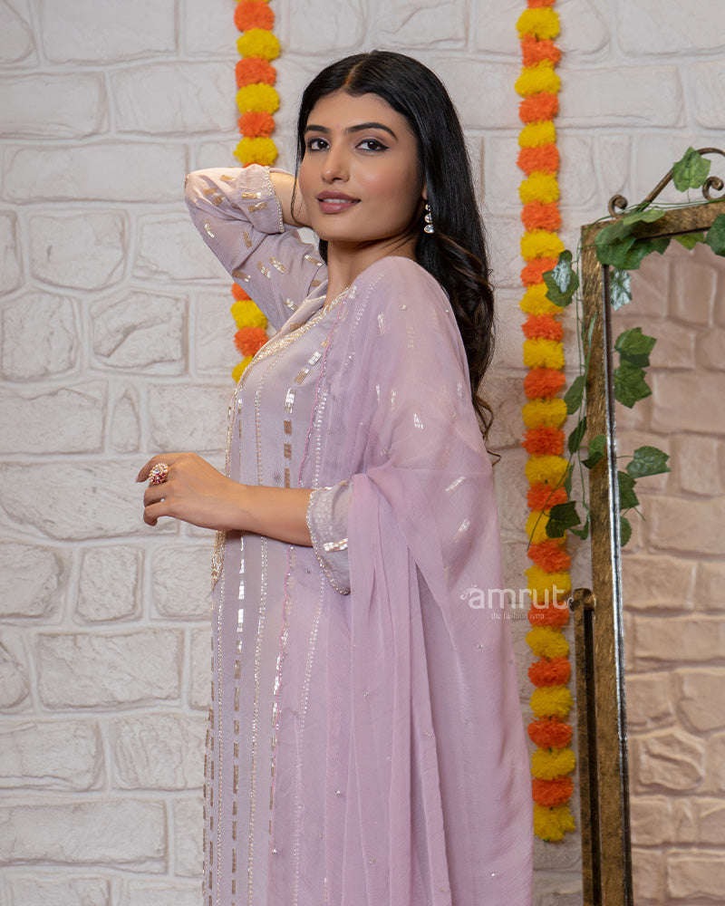 Mauve Flared Palazzo Suit with Chiffon Dupatta