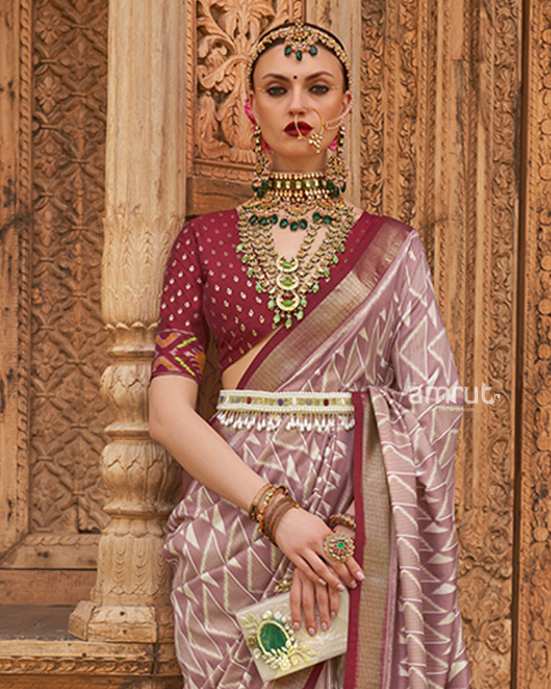 Mauve Geometric Patterns & Maroon Border Patola Silk Saree with Unstitched Blouse 02