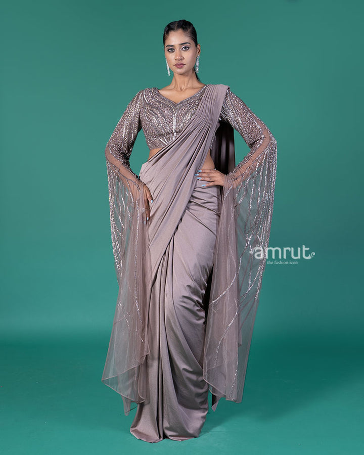 Mauve Grey Ready-to-Wear Saree with Net Sleeves Embellished Blouse 01