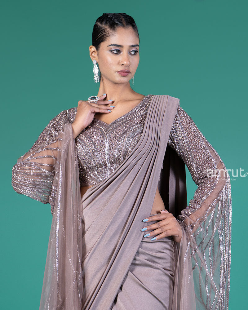 Mauve Grey Ready-to-Wear Saree with Net Sleeves Embellished Blouse 02
