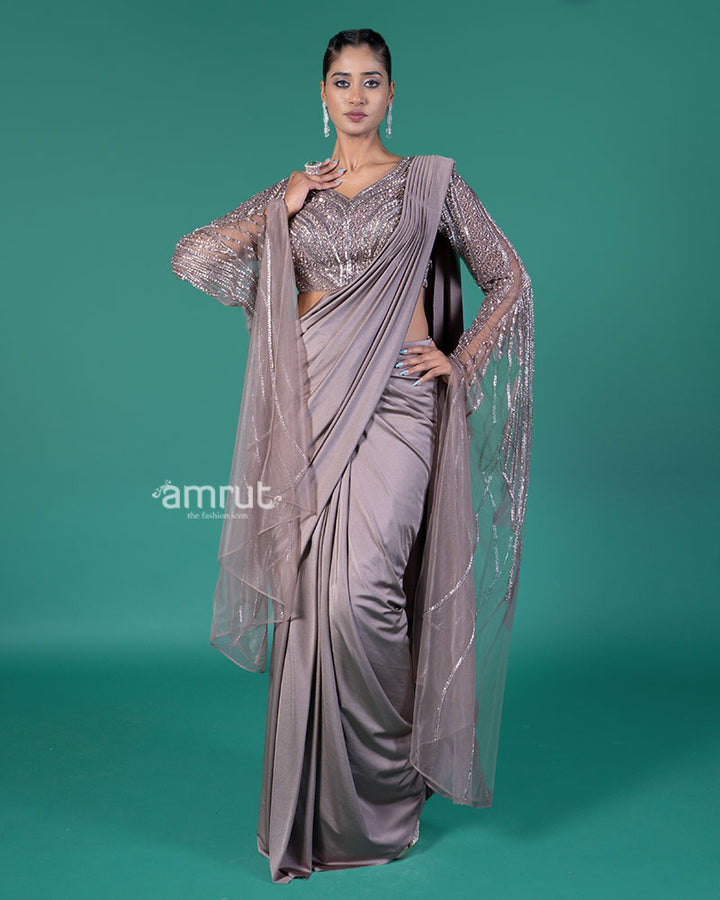 Mauve Grey Ready-to-Wear Saree with Net Sleeves Embellished Blouse 04